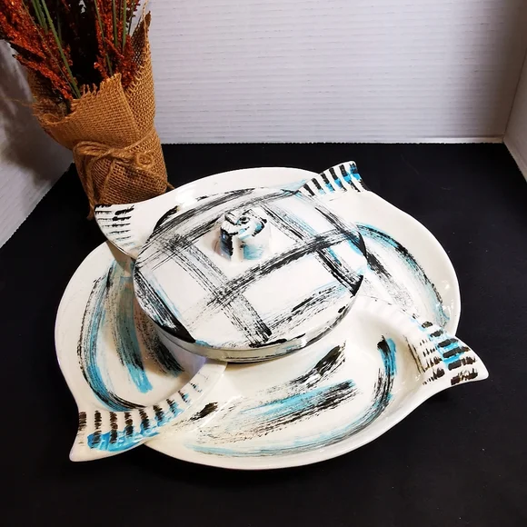 California Pottery Vintage Serving Set Blue and Black Brushstroke Plaid 6 Pieces - Picture 5 of 16